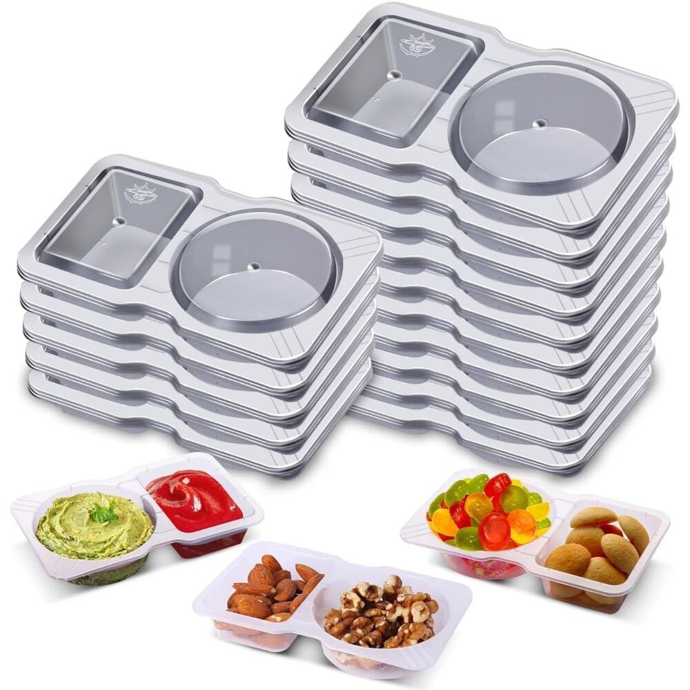 20 Pack Disposable Snack Containers with Lids, Double Compartment Sauce Cups